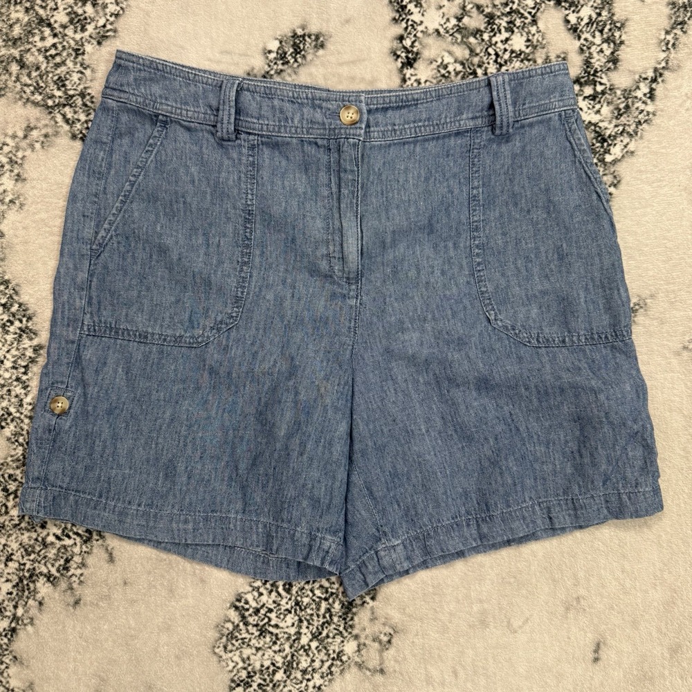 Talbots Shorts Womens Sz 10p Chambray Linen Cotton Blue Utility Pockets Petite